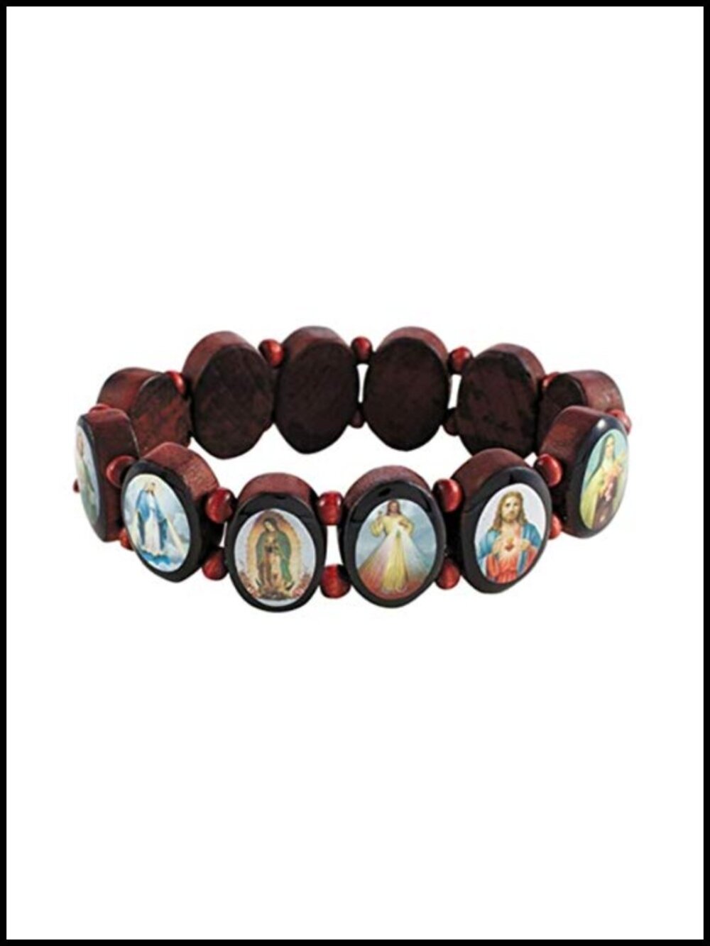 Stretch Wood Bead Saint Bracelet Devotional Religious Oval Panel 7"